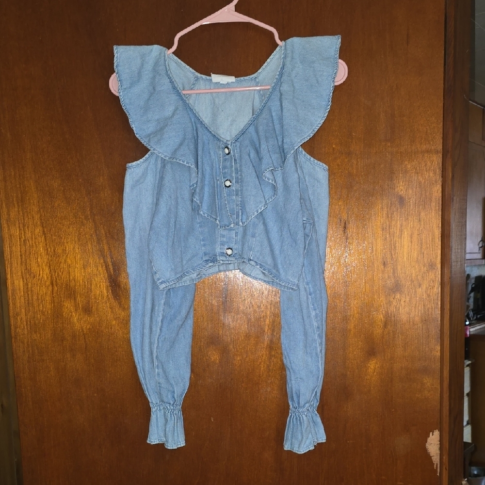 Light Blue Ruffle Denim Crop Top - Picture 10 of 14